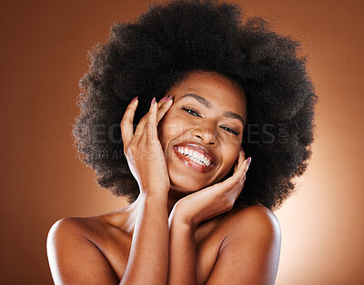 Buy stock photo Beauty, skincare and black woman smile from healthy skin glow, facial and cosmetic treatment. Portrait of a woman model with dermatology, facial cosmetics and hair care shine with a happy face