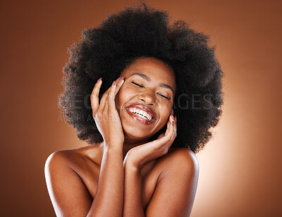 Buy stock photo Skincare, natural hair and black woman in studio for cosmetics, makeup and beauty for youth facial advertising, marketing or promotion. Happy african or afro model face for skin care and self love
