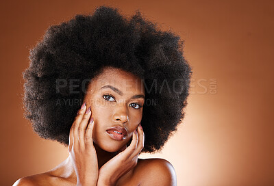 Buy stock photo Black woman, afro hair or skincare face glow on studio background for dermatology wellness, cosmetology routine or hair care. Portrait, natural hair or beauty model with makeup cosmetics in self love