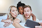 Child, parents or comic face for phone selfie in house, hotel or home bedroom on social media, memory vlog or fun. Mother, father or black girl on mobile photography technology with tongue expression