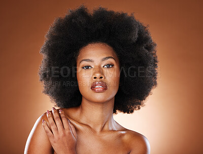 Buy stock photo Beauty, skincare and afro with portrait of black woman for luxury, spa and natural. Dermatology, self love and health with African girl model for cosmetics, makeup and wellness in studio background