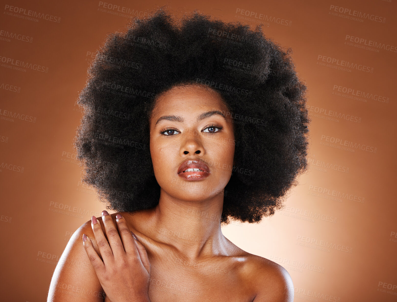 Buy stock photo Beauty, skincare and afro with portrait of black woman for luxury, spa and natural. Dermatology, self love and health with African girl model for cosmetics, makeup and wellness in studio background