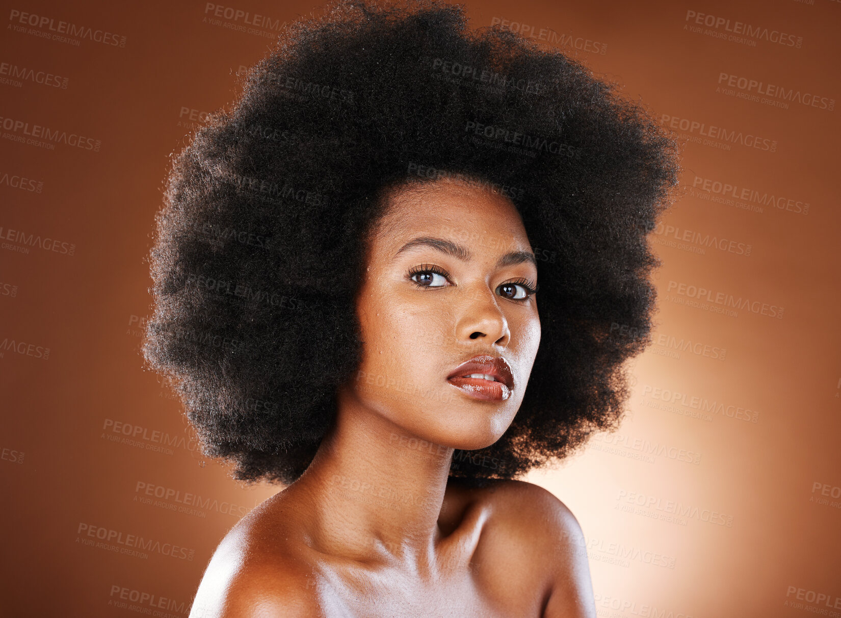 Buy stock photo Beauty, black woman with natural hair and skincare portrait, cosmetic advertising and wellness with studio background. Natural cosmetics, healthy skin and glow, makeup with hair care and afro mockup.