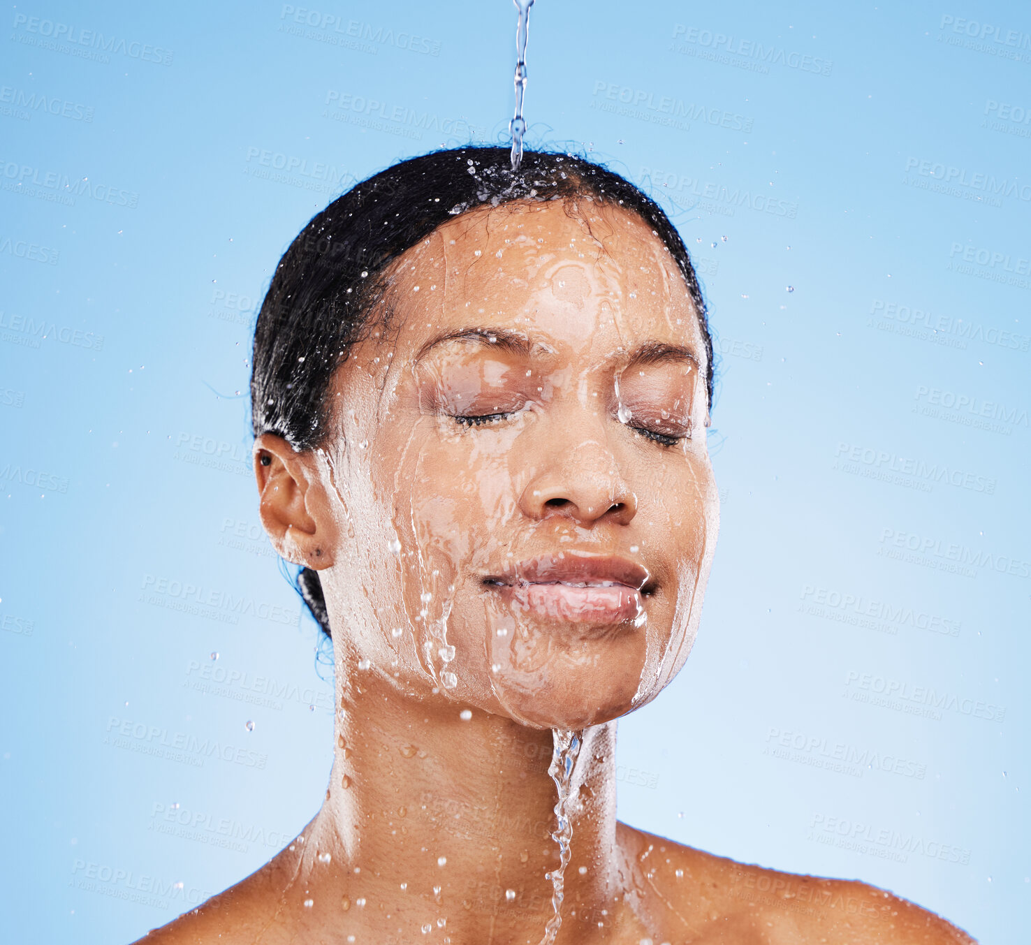 Buy stock photo Shower, water and black woman in studio for face cleaning, morning skincare and wellness mockup for marketing or advertising space. Young beauty model in water splash, facial wash and skin care glow