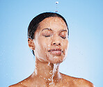 Shower, water and woman cleaning face, body or washing for daily bathroom routine, self care grooming or body care. Skincare, healthcare and facial hygiene model bathing for beauty wellness treatment