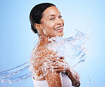 Black woman, water splash and skincare beauty cleaning mockup for luxury body wellness, healthy and clean skin glow. Healthcare model portrait, spa treatment and organic cosmetics on blue backgroundb