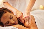 Spa, back massage and senior woman at wellness, healing and luxury resort for health therapy. Calm, zen and elderly woman from Colombia doing body care, self care and relaxing session with therapist.