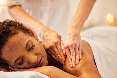 Buy stock photo Spa, back massage and senior woman at wellness, healing and luxury resort for health therapy. Calm, zen and elderly woman from Colombia doing body care, self care and relaxing session with therapist.