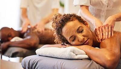 Black couple massage, spa and relax together on vacation, holiday or retreat for bonding, honeymoon or calm. Black woman, man or couple together for physical therapy service, health and wellness