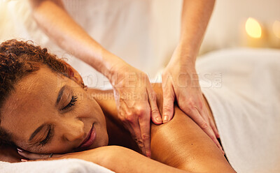 Buy stock photo Spa, massage and wellness of a woman skincare at a luxury resort or health therapy for zen treatment. Massage therapist hands for body care, relax and skin session of a mature customer feeling calm