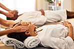 Couple, massage and spa wellness for headache and stress to feel zen with beauty and skin care. Relax hands on black couple sleeping client with facial, skincare healing and luxury face treatment
