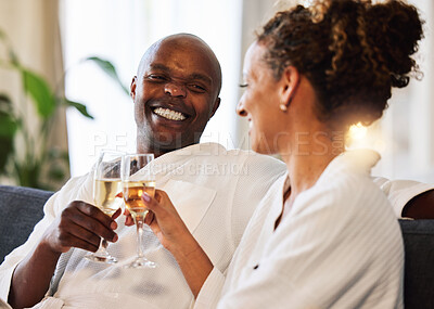 Buy stock photo Spa, relax and couple champagne toast for happiness with marriage, love and care at luxury hotel. Wellness, happy and black people smile together for wedding anniversary celebration drinks. 