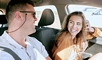 Man, woman and smile in car together in traffic for driving, transport or urban adventure in city. Couple, happy and driver on road, street or journey with happiness on travel, road trip or vacation