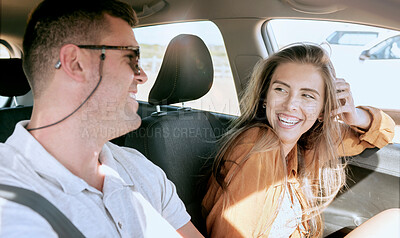 Buy stock photo Road trip, couple and smile in car travel together in traffic for driving, transport or urban adventure in city. Man, woman and happy driver on road, street or journey with happiness on vacation
