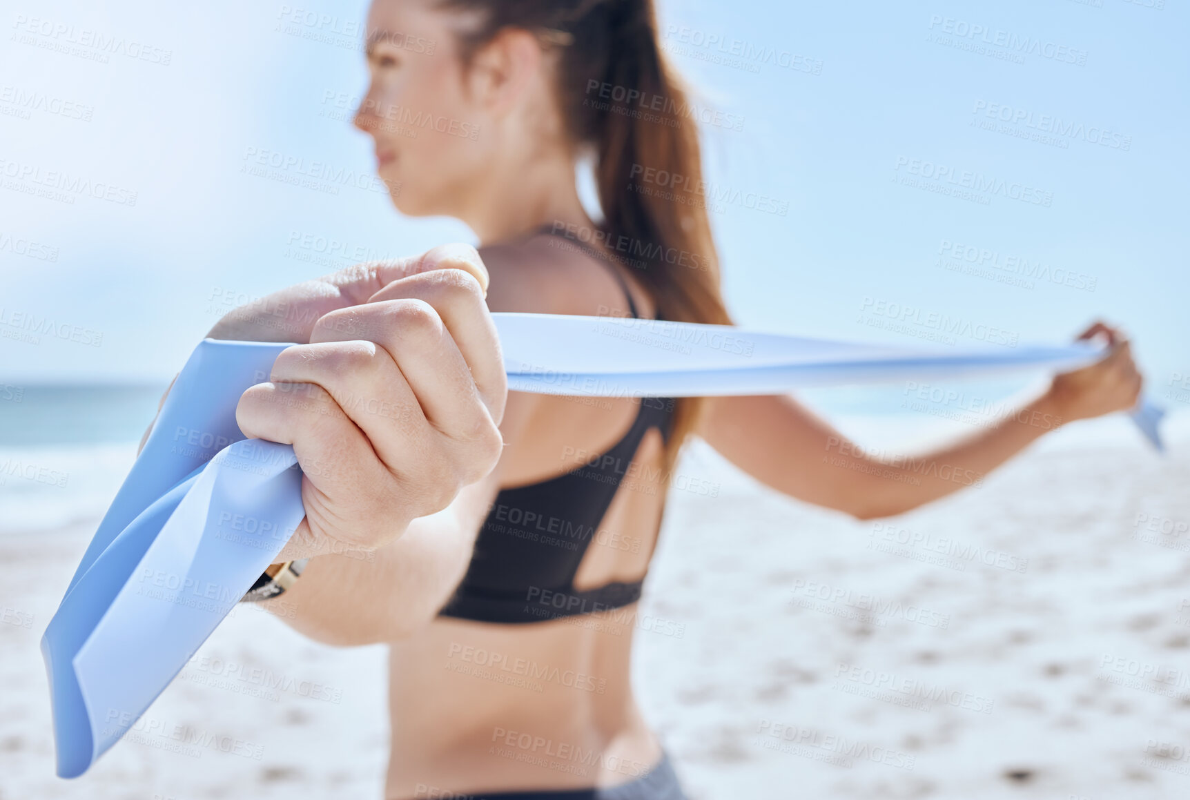 Buy stock photo Woman, stretching arms and yoga on beach for active fitness or zen meditation outdoors. Body health, wellness training and exercise workout on ocean sand for healthcare freedom motivation in summer