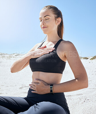 Buy stock photo Yoga, meditation and beach fitness of a woman athlete with a zen prayer and mindfulness in nature. Meditate, peace and wellness exercise by the ocean sand for chakra, workout and relax sea pilates