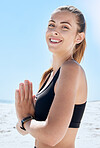 Yoga, meditation and woman with peace at the beach, zen and calm during training at sea in Brazil. Fitness, freedom and portrait of a girl with exercise for mind and spiritual wellness at the ocean