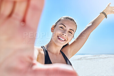 Buy stock photo Selfie, woman and exercise portrait at beach for training, workout or summer goals in sunshine. Happy young athlete, influencer and content creator, video call and fitness blog at sea on social media