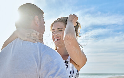 Buy stock photo Couple, love and beach vacation with a hug, love and happiness together on a summer blue sky travel destination. Smile, support and care of a man and woman in healthy marriage on Bali holiday
