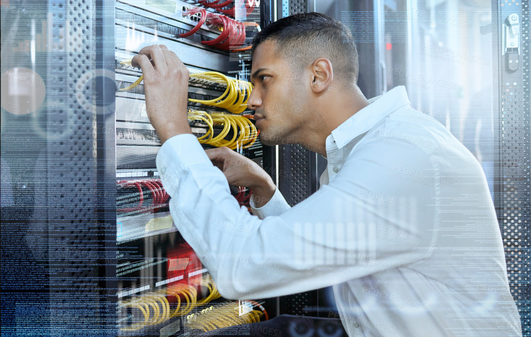 Buy stock photo Data center, IT technician and man in server room for 404 error, glitch and cybersecurity with cables for motherboard maintenance and assessment. Engineer working on connection for digital network