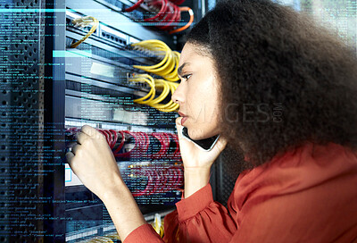 Buy stock photo It technician, phone call and black woman thinking and confused in server room, data center for cable or system maintenance. Double exposure information and female checking cybersecurity for internet