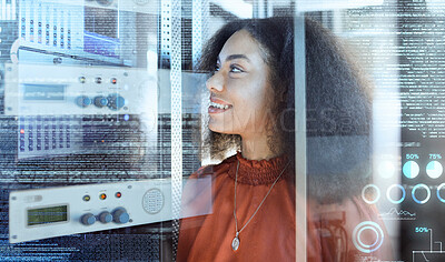 Buy stock photo Overlay, data center and black woman doing maintenance in a server room for information technology, cybersecurity and network. Happy It technician at motherboard working on future technology software