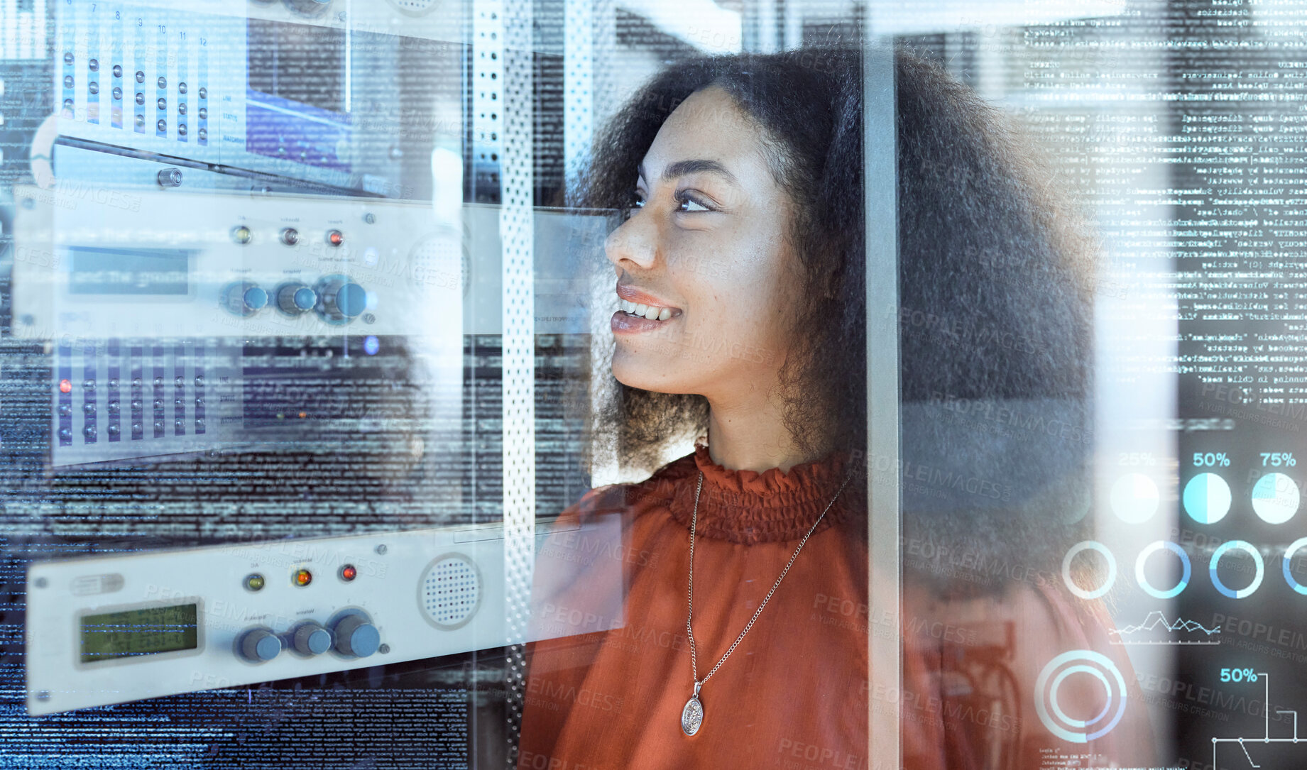 Buy stock photo Overlay, data center and black woman doing maintenance in a server room for information technology, cybersecurity and network. Happy It technician at motherboard working on future technology software