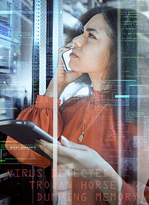 Buy stock photo Virus, 404 glitch and overlay with internet hack,  phone call and server programmer with tablet or double exposure. Ai, information technology and cloud computer problem with confused woman with data