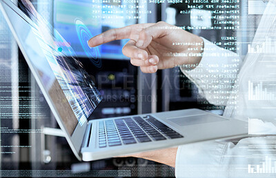 Buy stock photo 3d, futuristic and cloud laptop hands of expert working on update with projection and overlay. Tech, digital and professional it employee busy with server cybersecurity and system maintenance.

