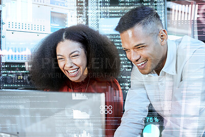 Buy stock photo Coding, computer and business programmer people working on 3d hologram database. Software, digital transformation and neon coder programming project of it group planning tech growth strategy design