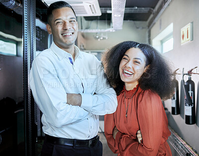 Buy stock photo Engineer, cybersecurity and happy team together in a server room or data center for maintenance for cloud computing or information technology system. IT man and black woman, happy about teamwork