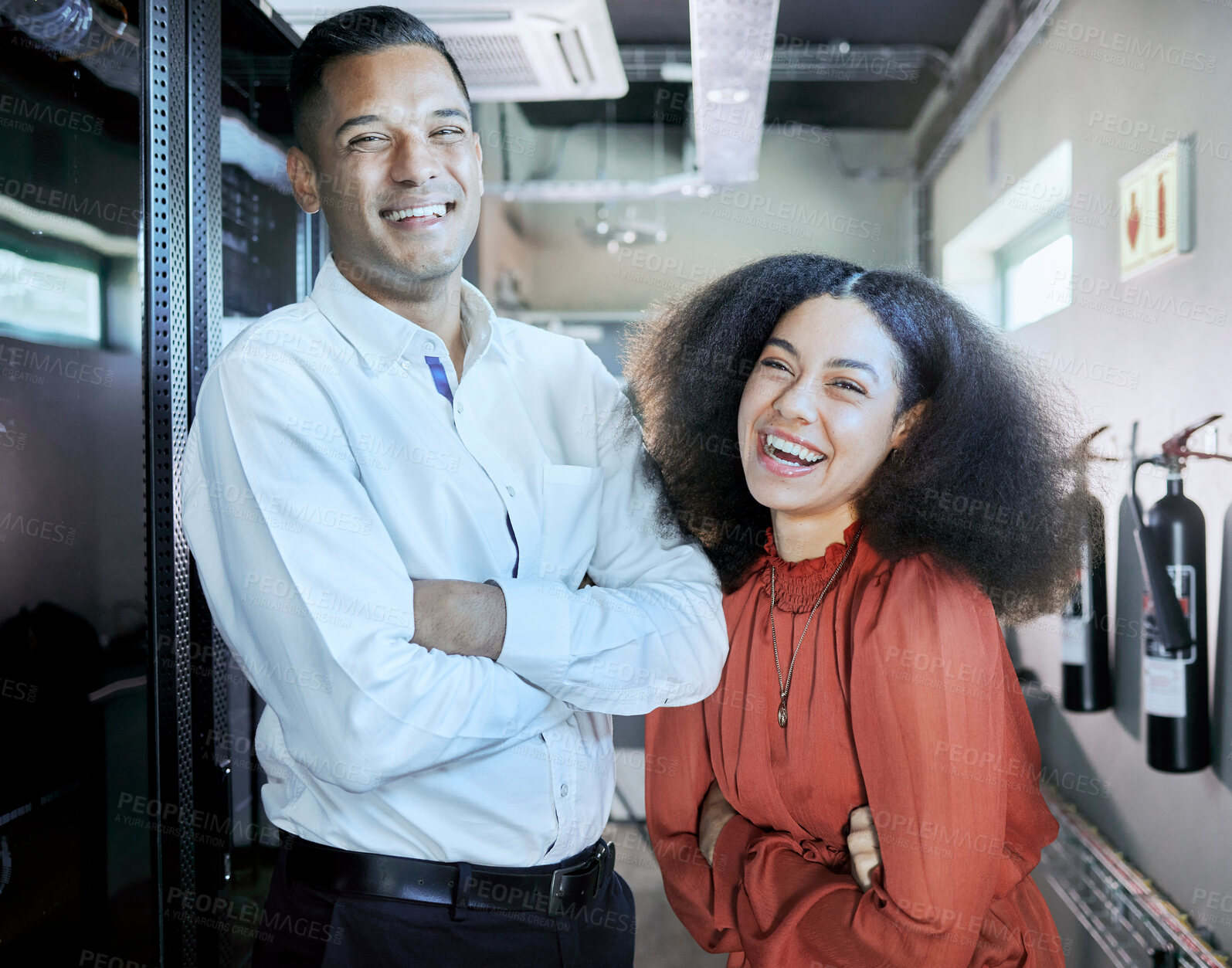 Buy stock photo Engineer, cybersecurity and happy team together in a server room or data center for maintenance for cloud computing or information technology system. IT man and black woman, happy about teamwork