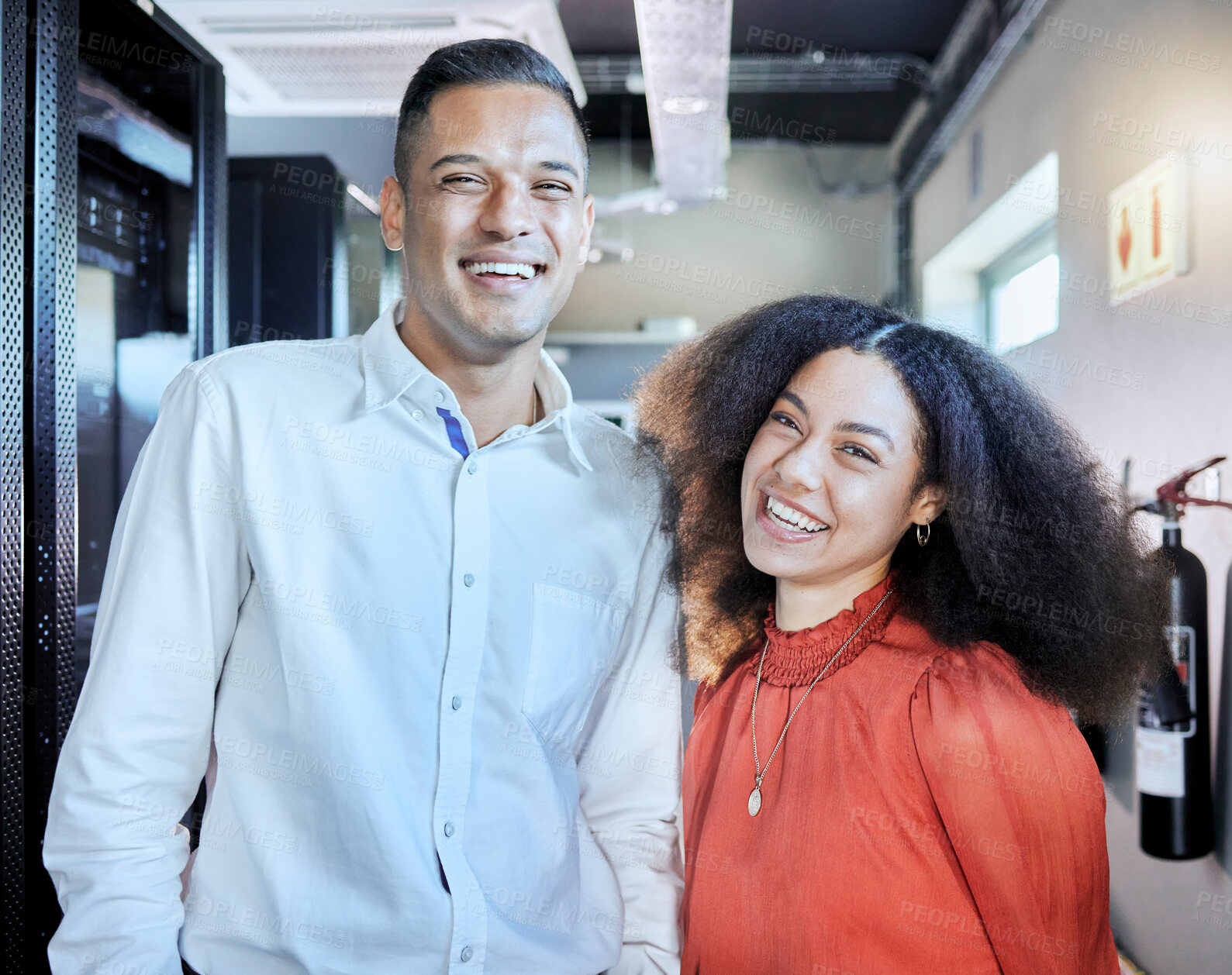 Buy stock photo Coding team, computer networking server and tech support workers smile together in digital technology security company. Cyber security, data IT staff and cloud computing code programming storage room