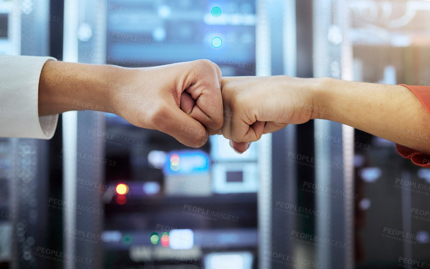 Buy stock photo Fist bump, coding teamwork and programming server room of cyber data security storage, coding networking and futuristic hardware. Code programmer, iot solidarity and internet technology collaboration