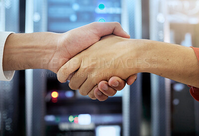 Buy stock photo Handshake, partnership and teamwork of server room of data center workers shaking hands for achievement, b2b deal and agreement. Man in woman together in collaboration for network, IT and support