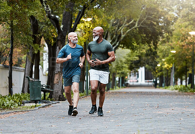Buy stock photo Mature, men and fitness with friends running in park for exercise, workout and wellness. Exercising, working out and diverse male athletic friend in cardio training for body health and stamina 