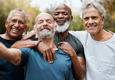 Buy stock photo Senior, man group and fitness selfie at park together for elderly health or wellness for happiness smile. Happy retirement, friends portrait or runner club in diversity, teamwork or outdoor training