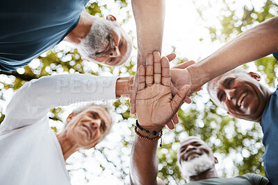 Buy stock photo Support, team building and men hands stacked in nature for travel, hiking and adventure during retirement. Community, teamwork and senior friends on a mission during an elderly holiday in Puerto Rico