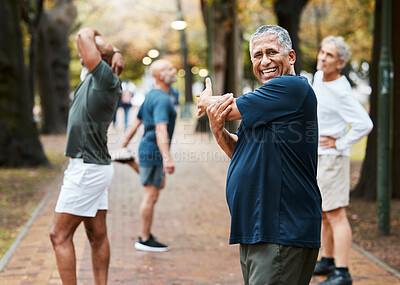 Buy stock photo Fitness, friends and stretching with old man in park for training, health and wellness. Retirement, workout and exercise with senior runner and warm up for cardio, endurance and sports together