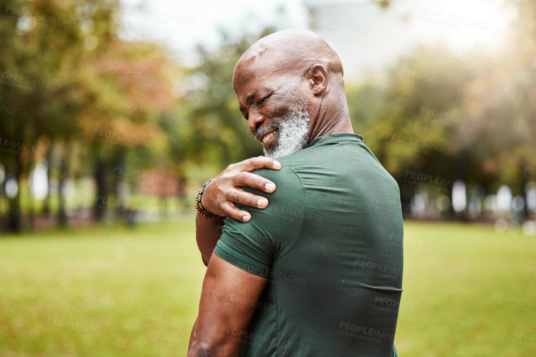 Buy stock photo Senior black man with shoulder pain, fitness injury and exercise in the park with muscle ache or inflammation outdoor. Health, accident during workout and hurt, elderly person with pain from sport.