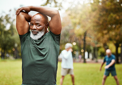 Buy stock photo Stretching, exercise and senior man in park enjoying being active in summer, nature and retirement. Fitness, wellbeing and portrait of black man start sports, training and workout for health wellness