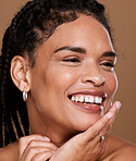 Skincare, glow and beauty black woman in studio happy with cosmetics, natural makeup and dermatology results. Young model face with facial care shine, wellness and healthy or luxury youth promotion