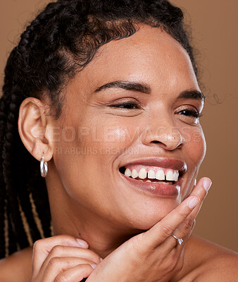 Buy stock photo Skincare, glow and beauty black woman in studio happy with cosmetics, natural makeup and dermatology results. Young model face with facial care shine, wellness and healthy or luxury youth promotion