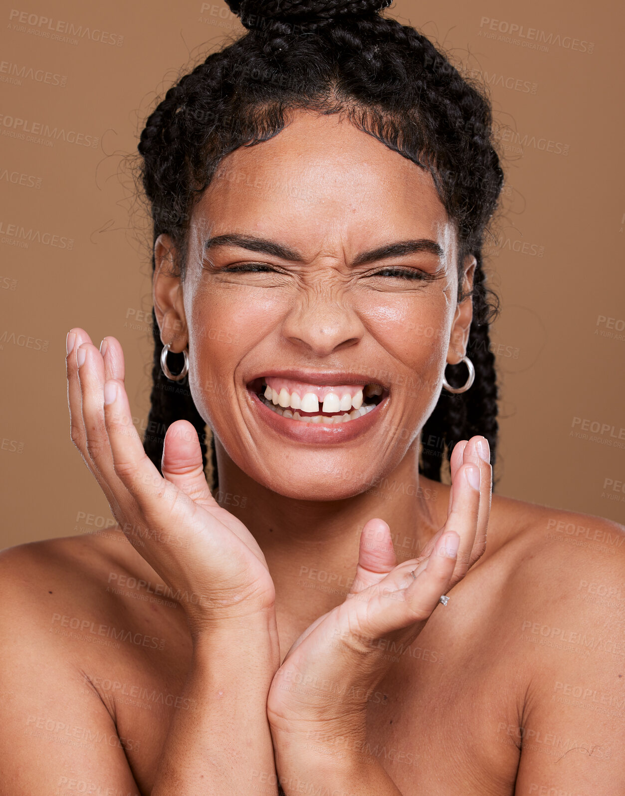 Buy stock photo Black woman, face and smile with closed eyes for beauty skincare and cosmetics portrait in studio. African model, skin dermatology and natural facial glow or body wellness against brown background