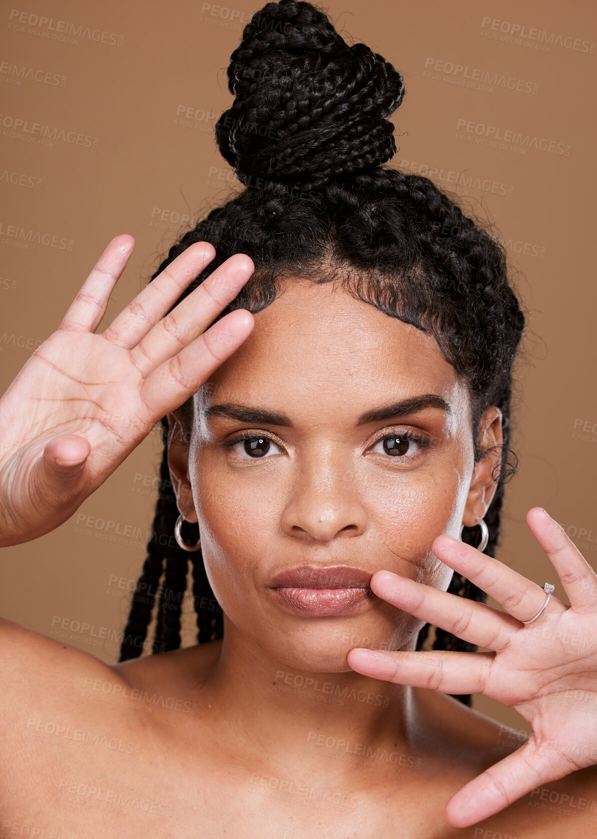 Buy stock photo Beauty, skincare and braids with portrait of black woman for hair care, self love and fashion. Cosmetics, makeup and luxury with face of girl model for facial, wellness and salon in studio background