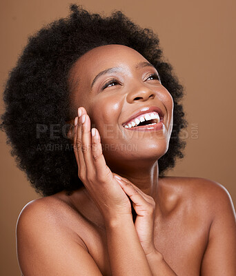 Buy stock photo Beauty skincare, self care and face of black woman happy with healthcare routine, spa wellness and natural cosmetics. Salon afro hair care, skin glow and aesthetic African model with facial makeup