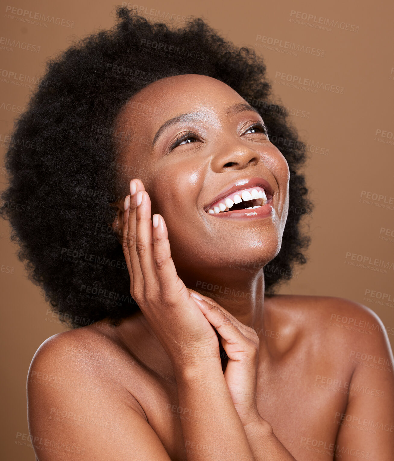 Buy stock photo Beauty skincare, self care and face of black woman happy with healthcare routine, spa wellness and natural cosmetics. Salon afro hair care, skin glow and aesthetic African model with facial makeup