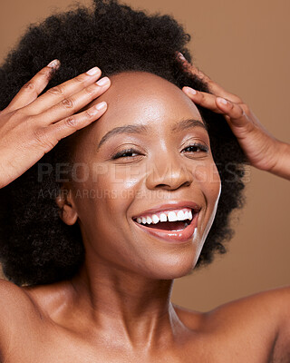 Buy stock photo Natural hair care, black woman and beauty portrait in studio for cosmetics, healthy glow and skincare headshot. Happy afro afican model face with hair growth, skin care facial shine and dermatology