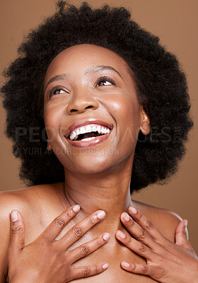Buy stock photo Beauty, skincare and happy black woman in a studio for a health, wellness and cosmetic routine. Happiness, smile and African model with a natural facial, skin or face treatment by a brown background.