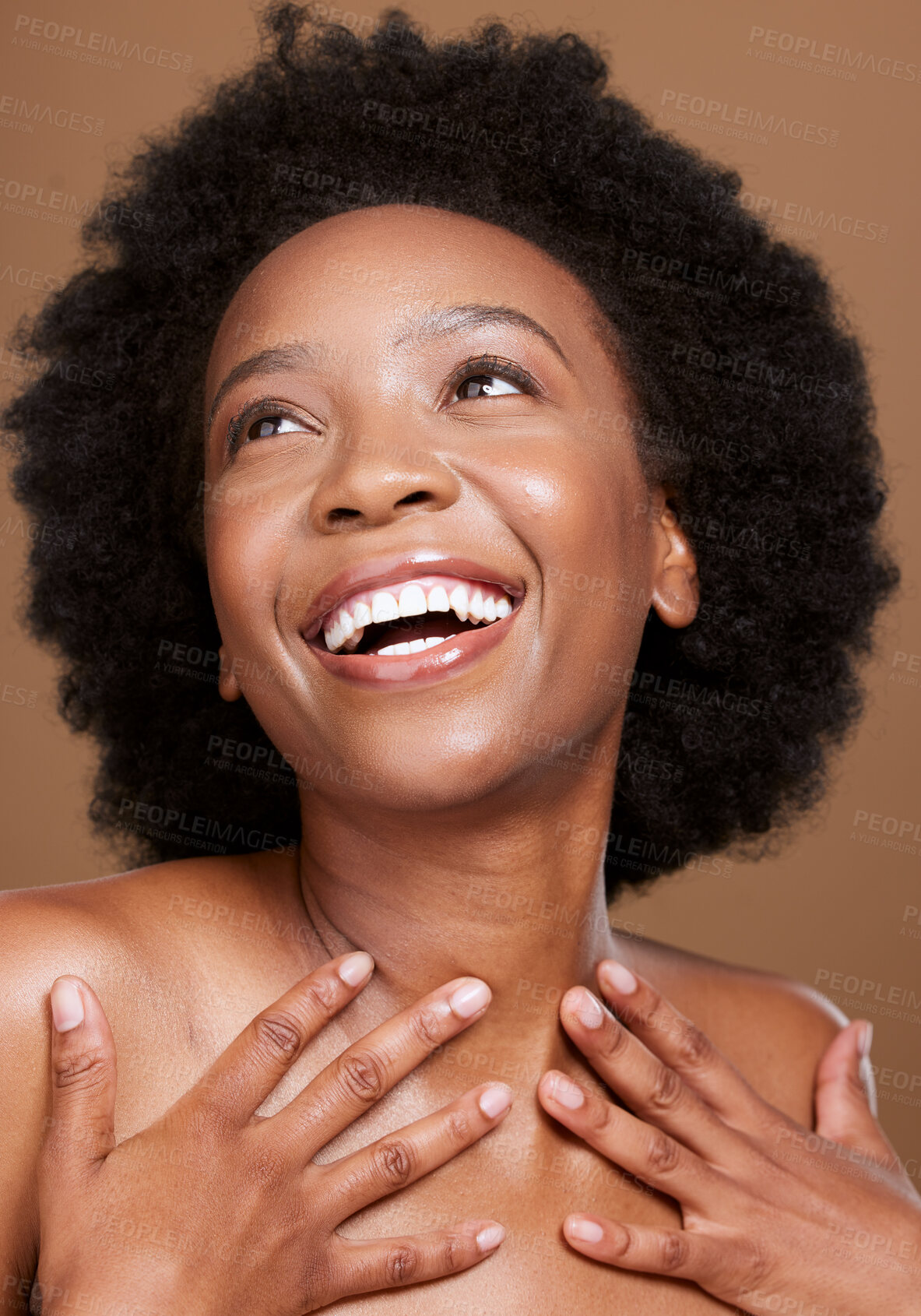 Buy stock photo Beauty, skincare and happy black woman in a studio for a health, wellness and cosmetic routine. Happiness, smile and African model with a natural facial, skin or face treatment by a brown background.